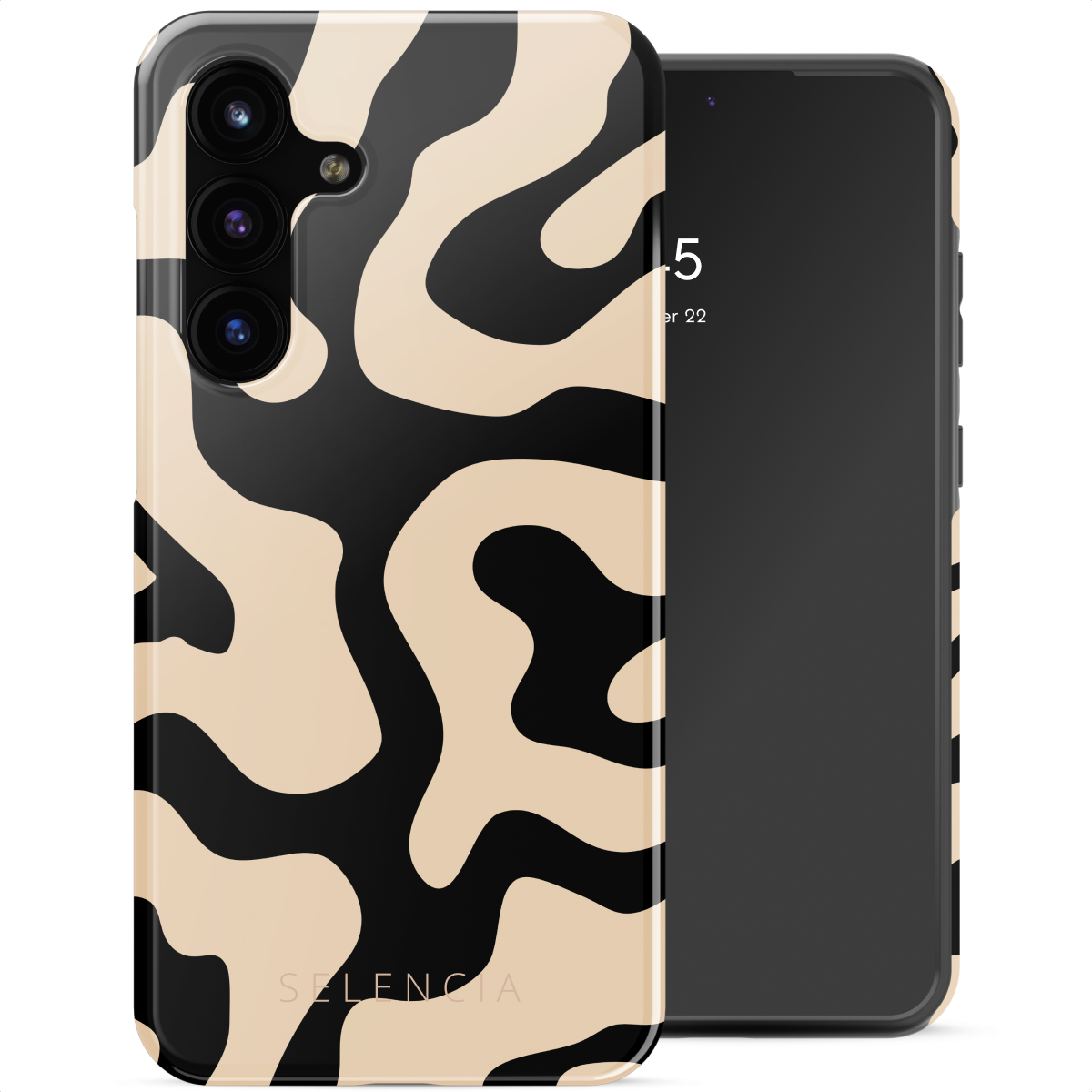 Uno smartphone con custodia a fantasia. La custodia ha forme astratte beige e nere. Lo schermo mostra la data '5' e 'er 22'.