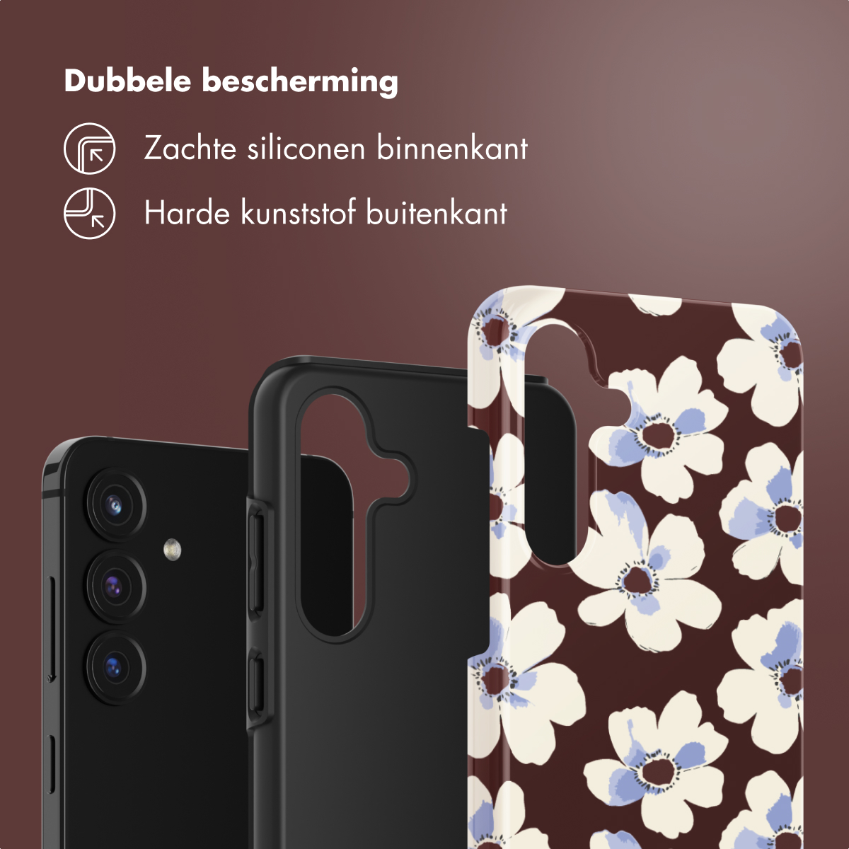 Custodie per telefono: nere, floreali e nere. La custodia floreale ha fiori bianchi e blu. Testo: Doppia protezione, silicone morbido all'interno.
