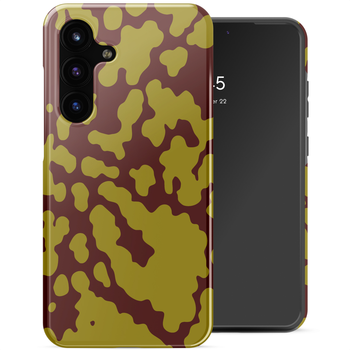 Uno smartphone con una custodia mimetica. La custodia ha un motivo di macchie giallo-verdi su sfondo rosso scuro.