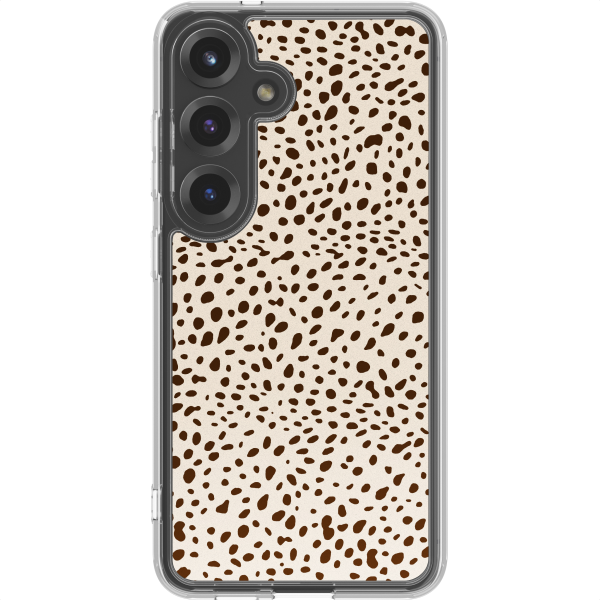 Een smartphonehoesje met een bruin en crème dalmatiër vlekkenpatroon. De telefoon heeft een drievoudige camera-opstelling.