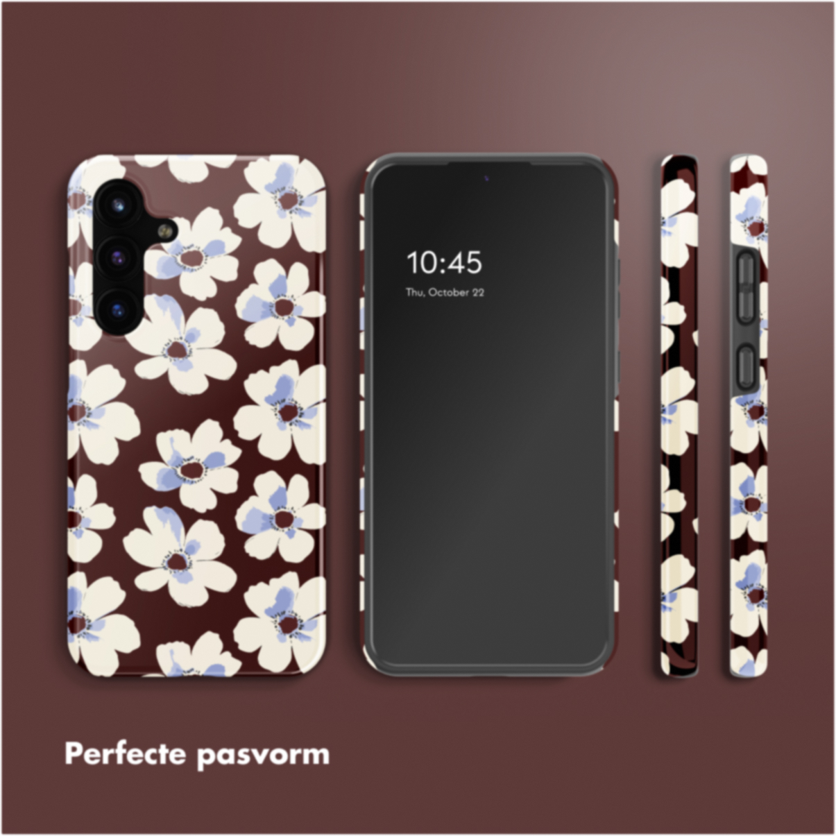 Telefono e custodie con motivo floreale su sfondo marrone. Lo schermo del telefono mostra l'ora. Testo: Vestibilità perfetta.