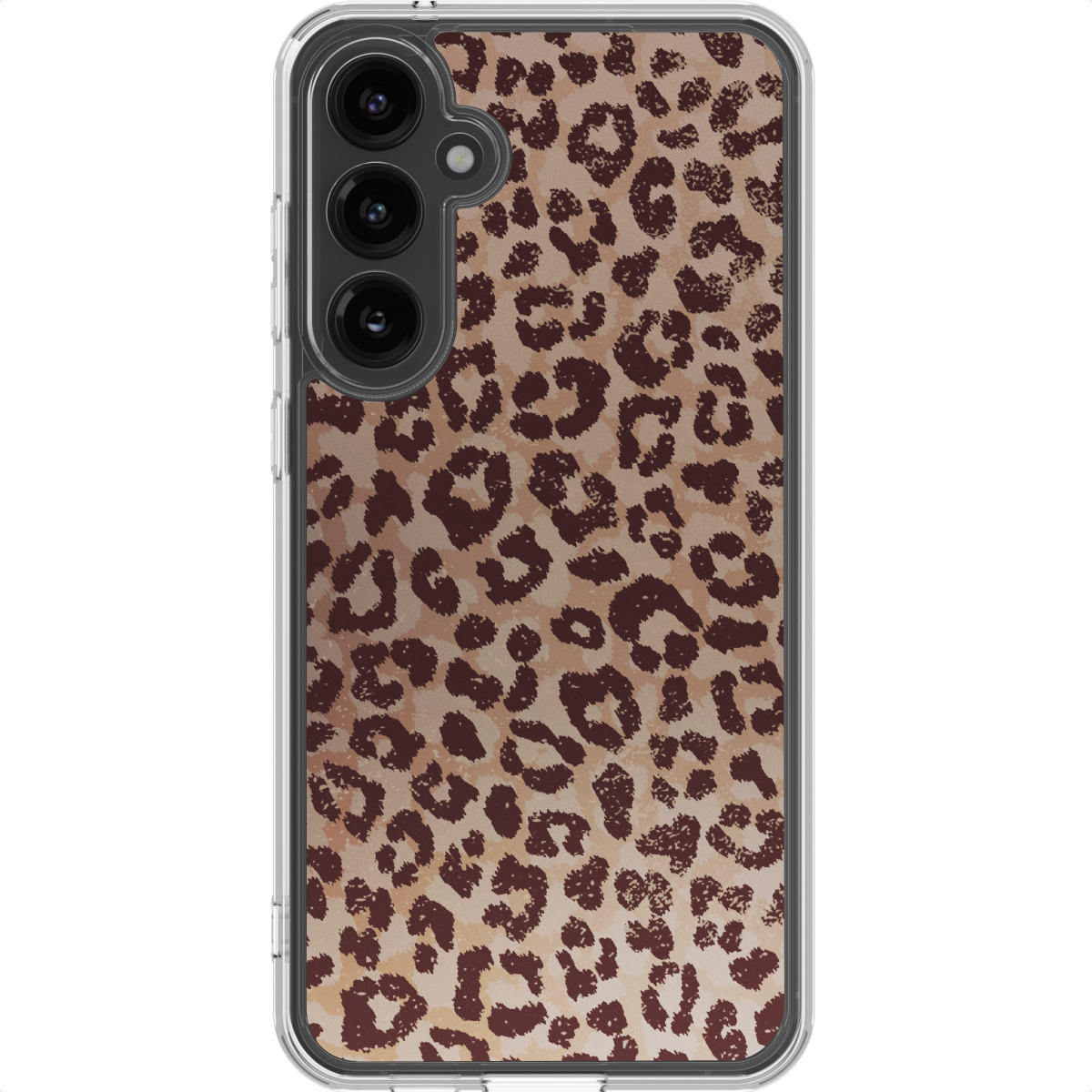 Une coque de téléphone avec un motif léopard. La coque est transparente avec un motif tacheté marron et beige.