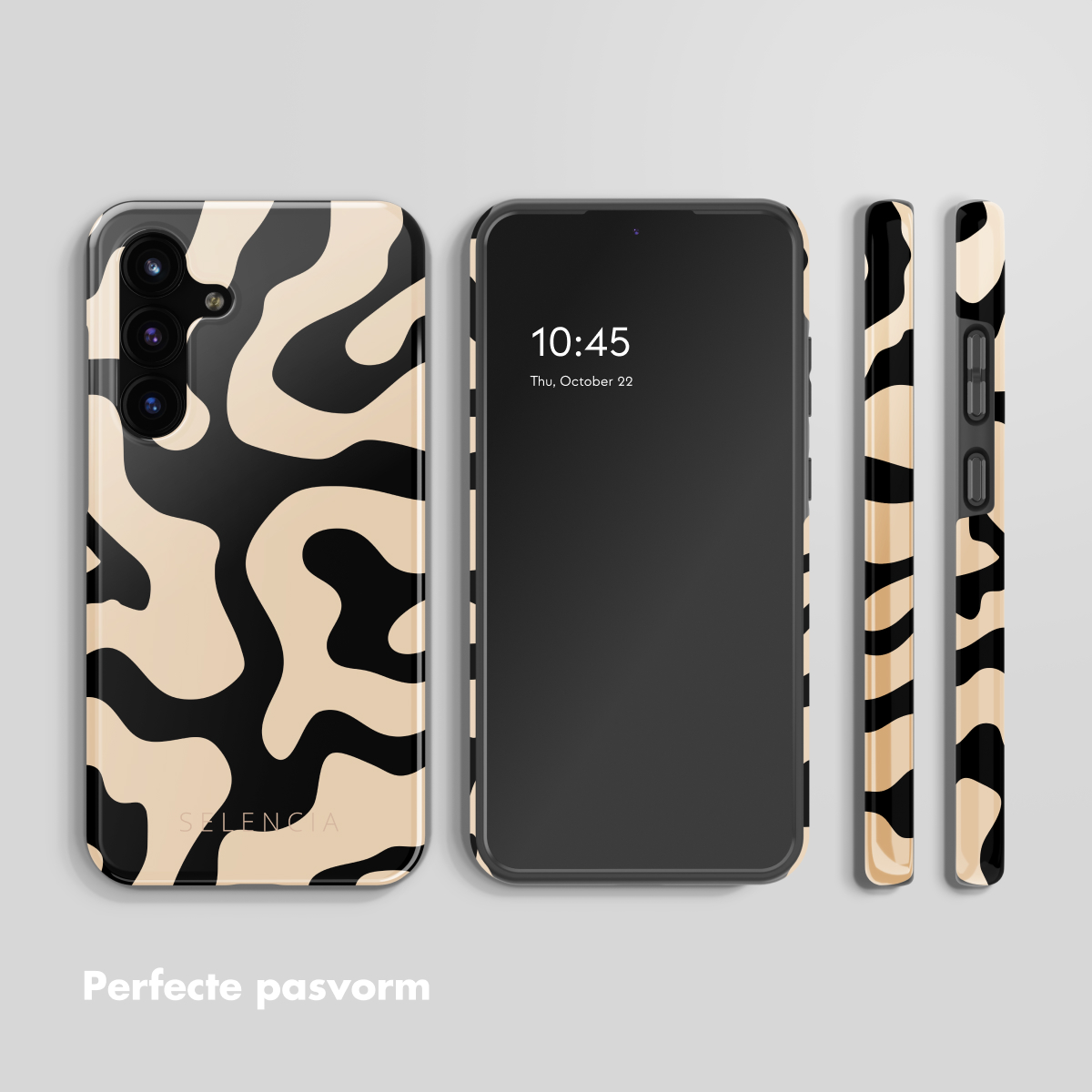 Un telefono e custodie con motivo astratto nero e beige sono visualizzati. Lo schermo del telefono mostra l'ora e la data.
