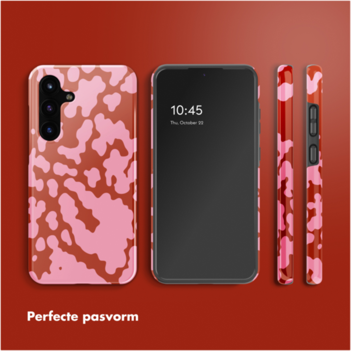 Ein Telefon mit einer rosa-braun gemusterten Hülle. Auf dem Telefon wird die Uhrzeit angezeigt. Zusätzliche Hüllen sind separat abgebildet.