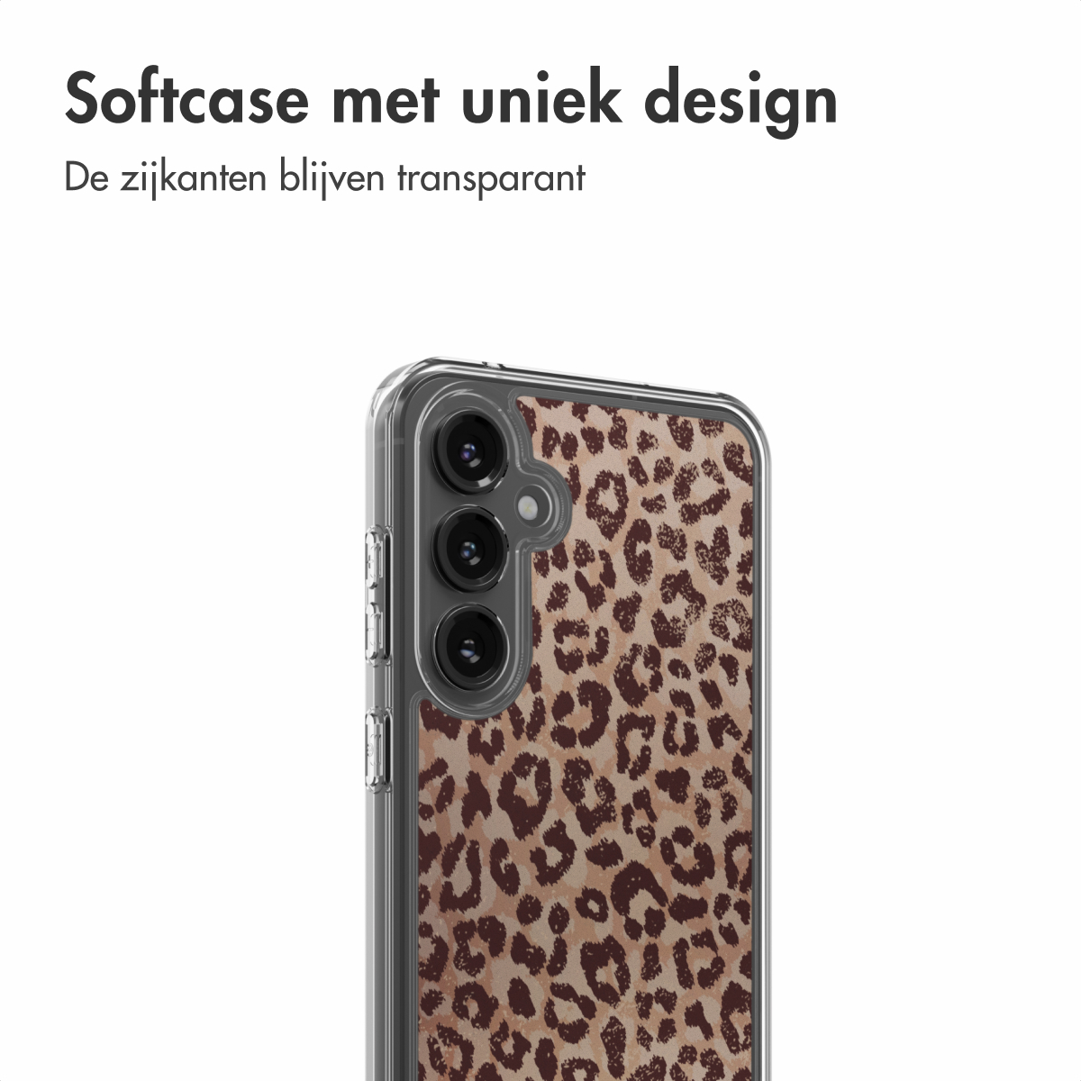 Une coque de téléphone avec un motif léopard. La coque est transparente. Le fond est blanc.