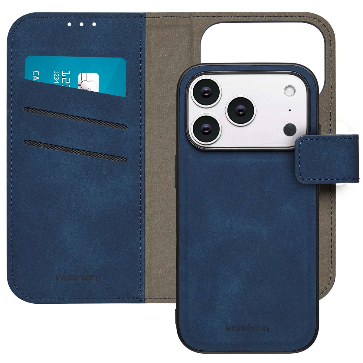 Blauwe telefoonhoes met creditcard. De hoes is open, met telefoon en kaartsleuven zichtbaar.