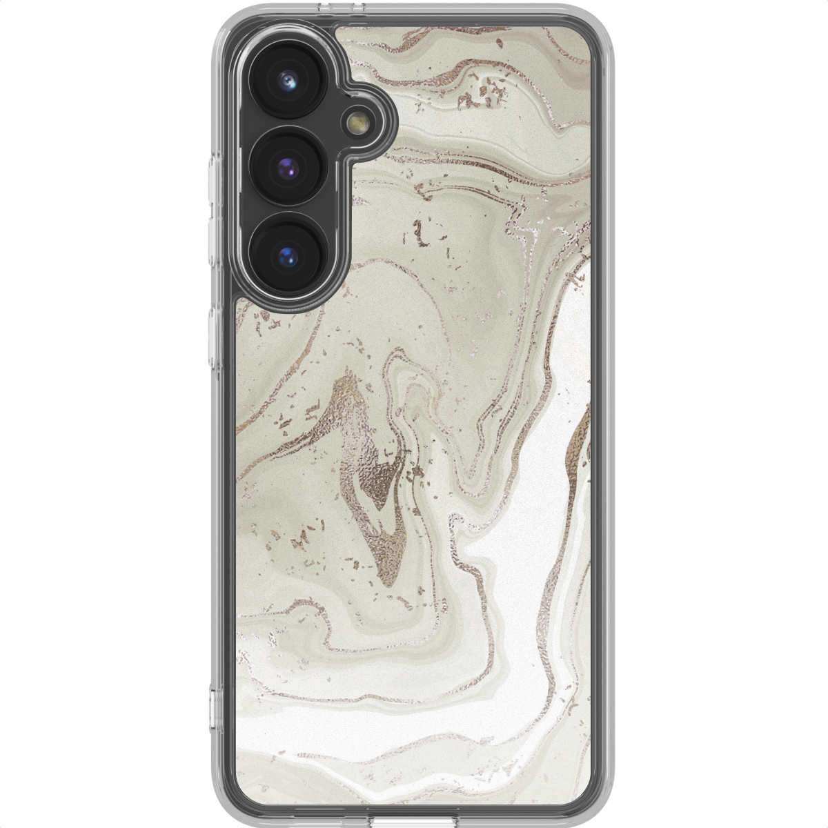 Een smartphonehoesje met een marmerontwerp. De hoes is transparant en het marmerpatroon heeft tinten wit, beige en goud.