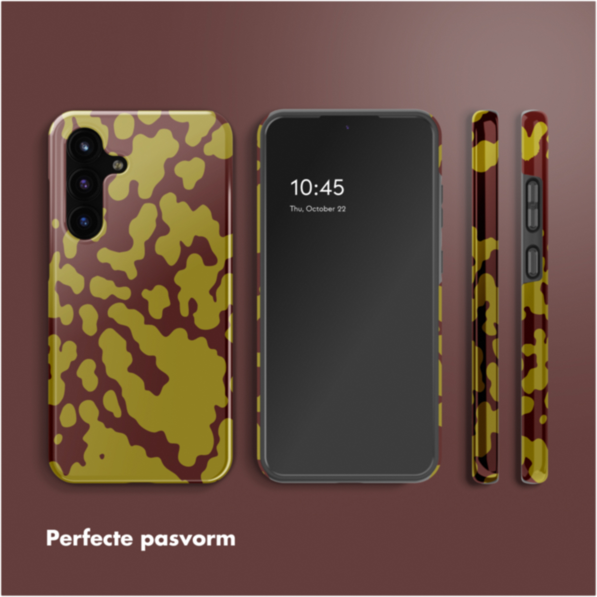 Uno smartphone e custodie per telefoni con un motivo mimetico marrone e giallo. Il telefono mostra l'ora e la data.