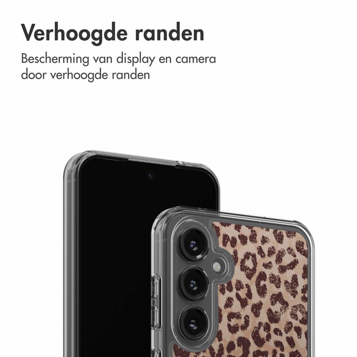 Due smartphone. Uno con custodia trasparente, l'altro con custodia a stampa leopardata. Lo sfondo è bianco con testo olandese.