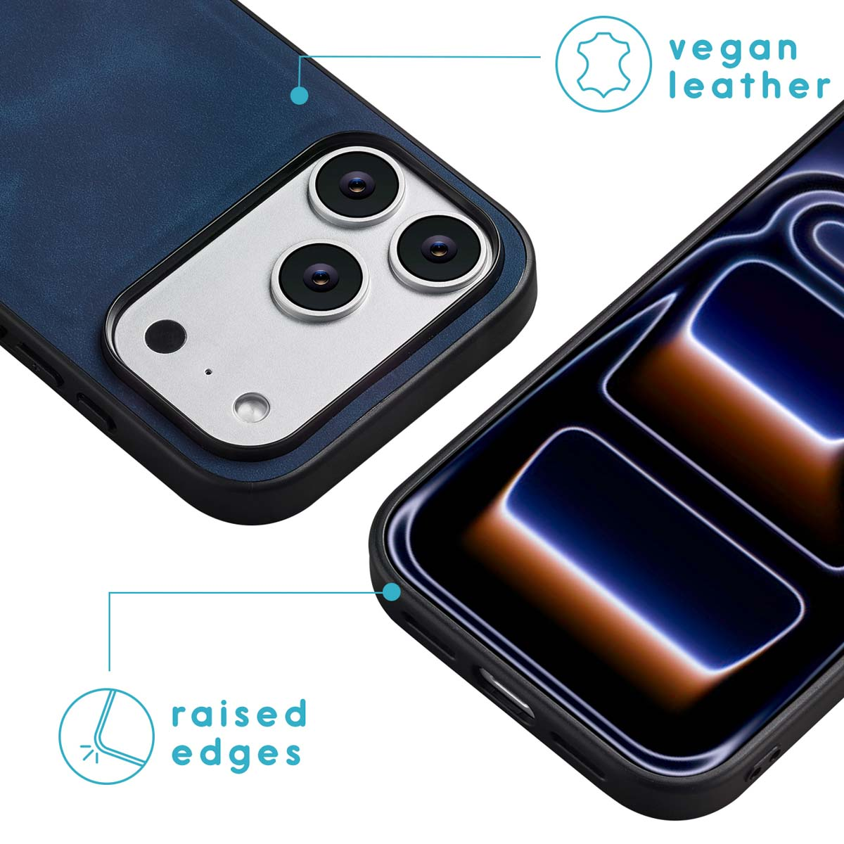 Close-up van een telefoonhoesje van veganistisch leer. Voorzien van opstaande randen en een cameramodule met drie lenzen. Het scherm is ook zichtbaar.