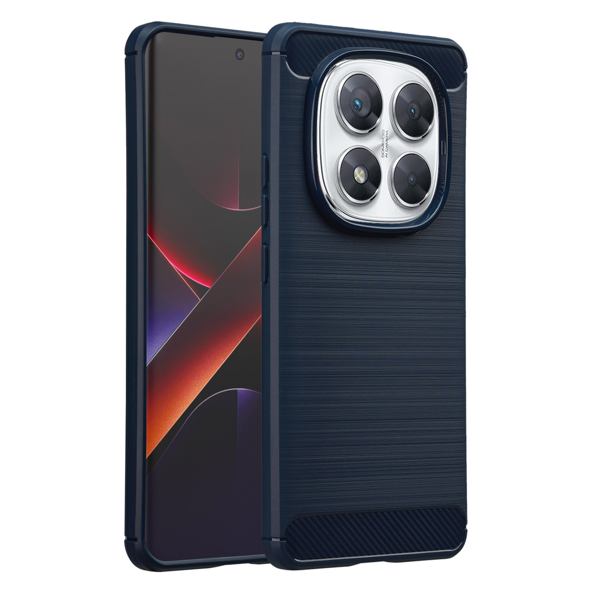 Een blauwe telefoonhoes met de telefoon erin. De hoes heeft een getextureerde achterkant en een cameramodule met vier lenzen.