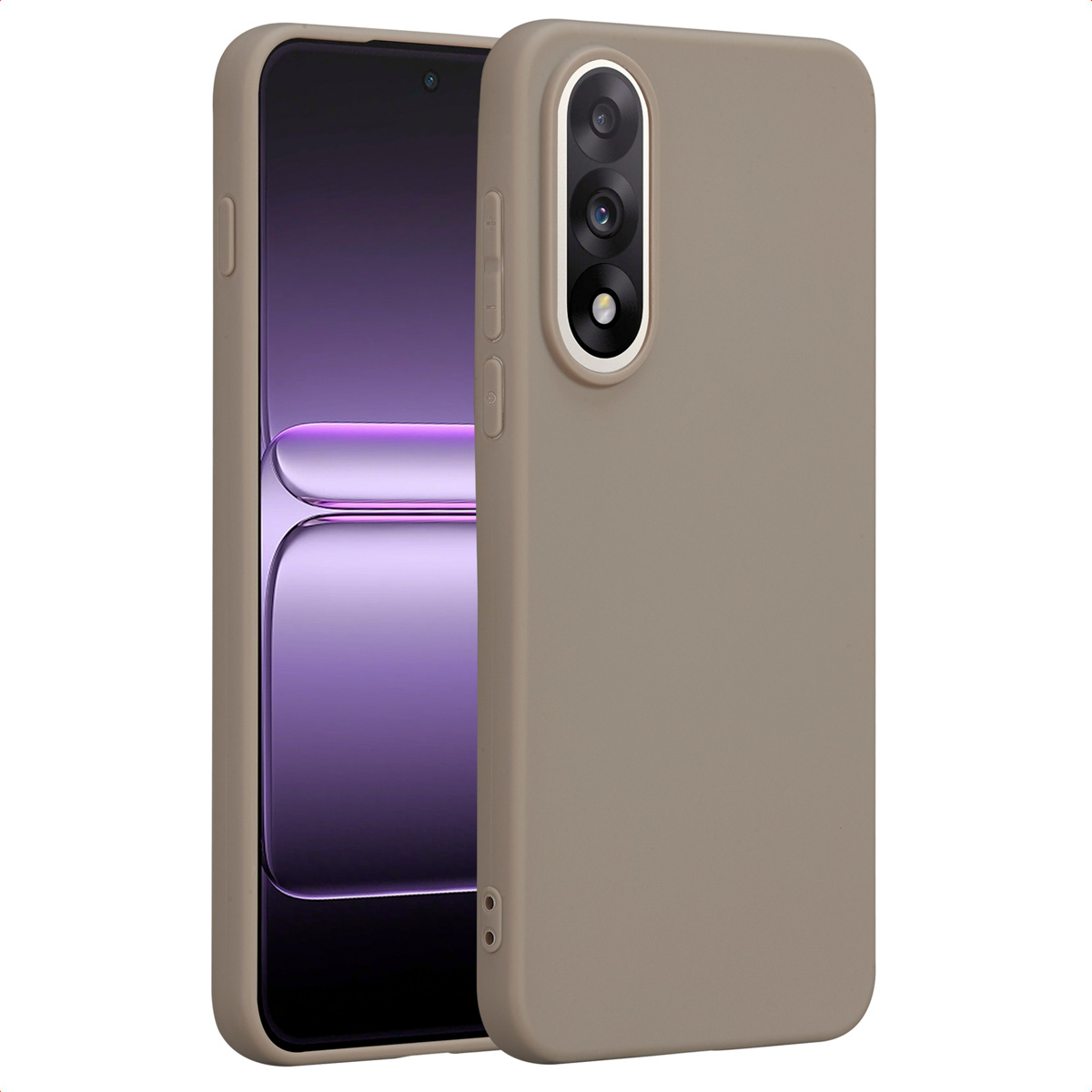 Telefono in una custodia beige. Lo schermo mostra una tonalità viola. La custodia ha ritagli per fotocamera e pulsanti.