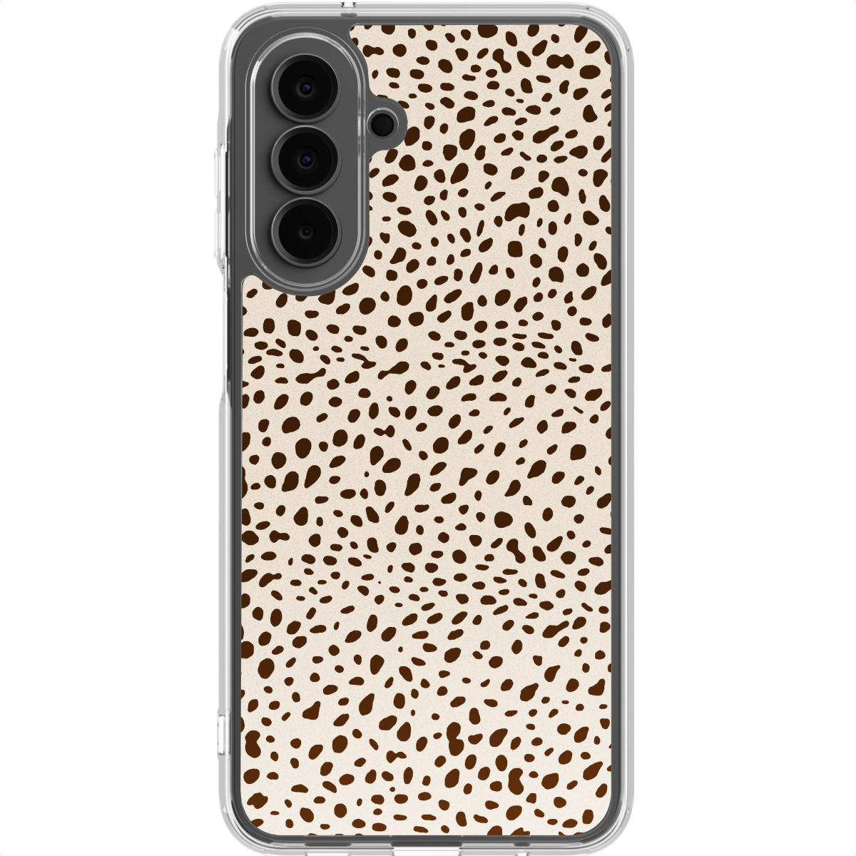 Coque de smartphone avec un motif tacheté marron sur fond beige. La coque a une bordure transparente.
