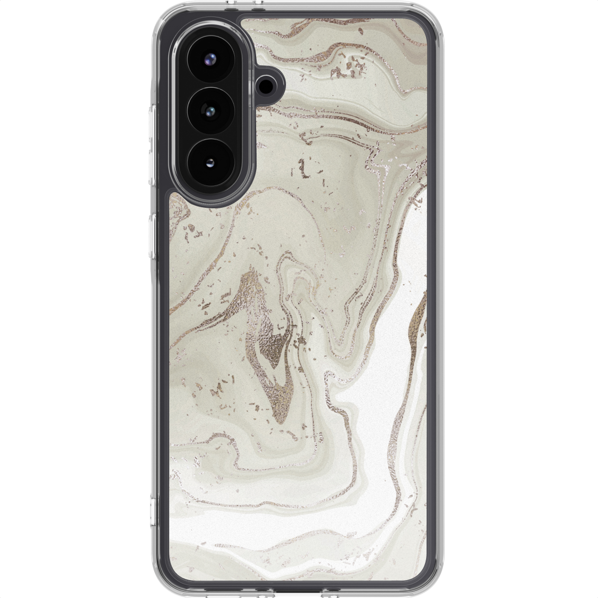 Een telefoonhoesje met een marmerontwerp in wit, grijs en goud. De hoes heeft een transparant frame en een camera-uitsparing.