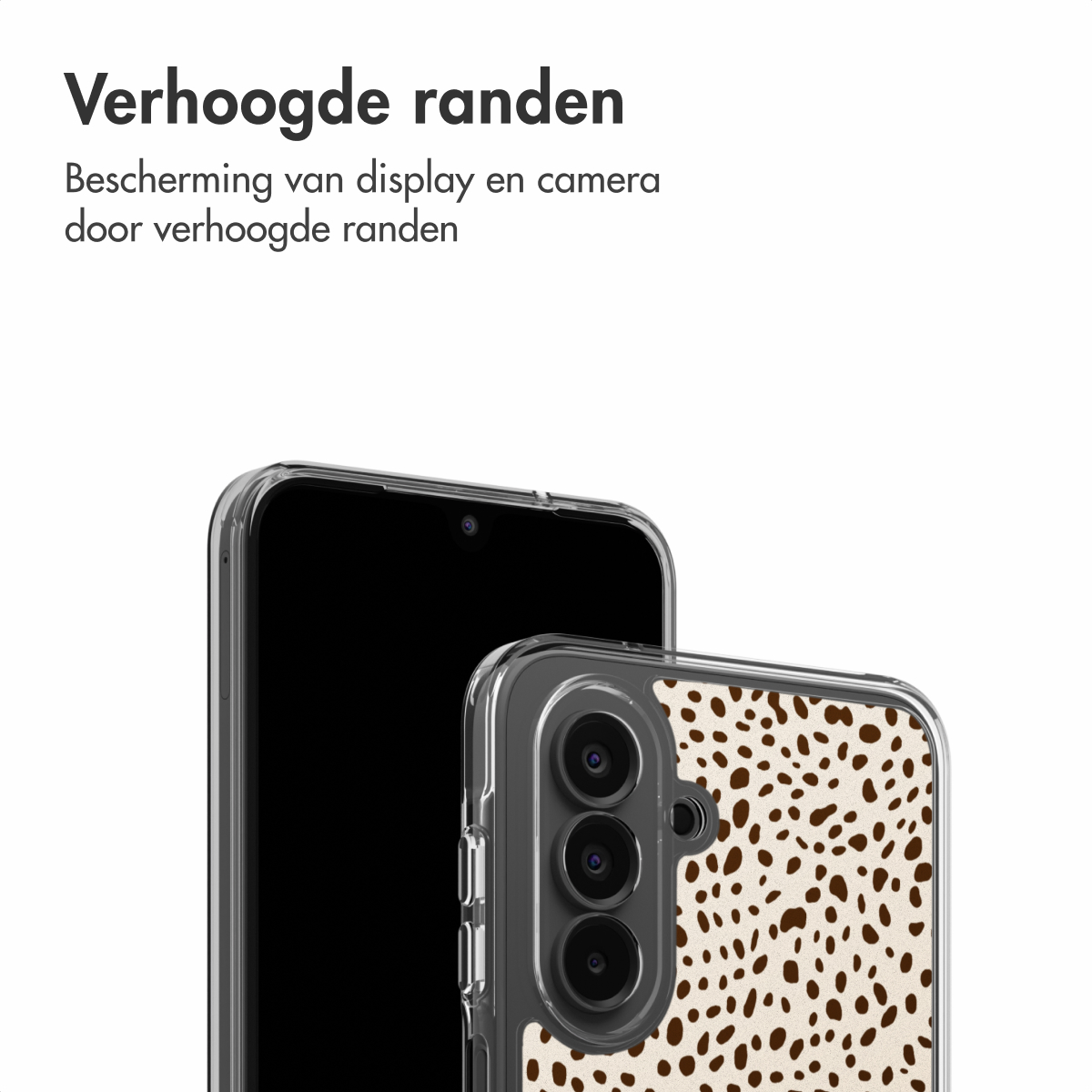 Deux smartphones avec étuis de protection. L'un est noir, l'autre a un motif beige à pois marron. Texte en néerlandais en haut.