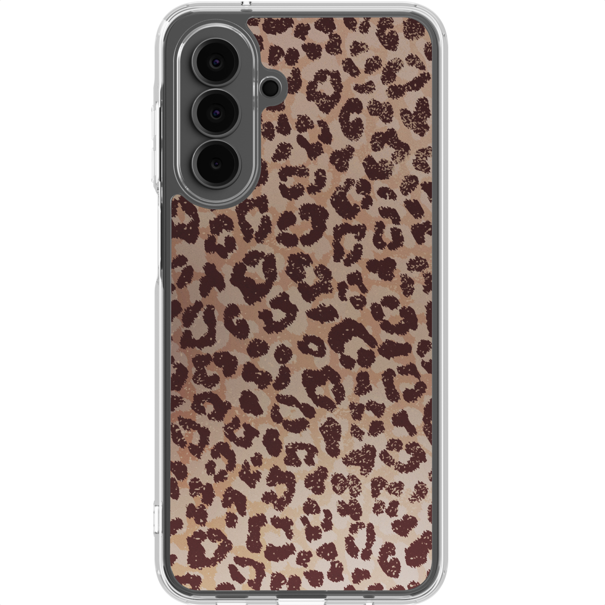 Smartphonehoesje met een luipaardprint. De hoes heeft een transparante rand en een cameramodule aan de linkerkant.