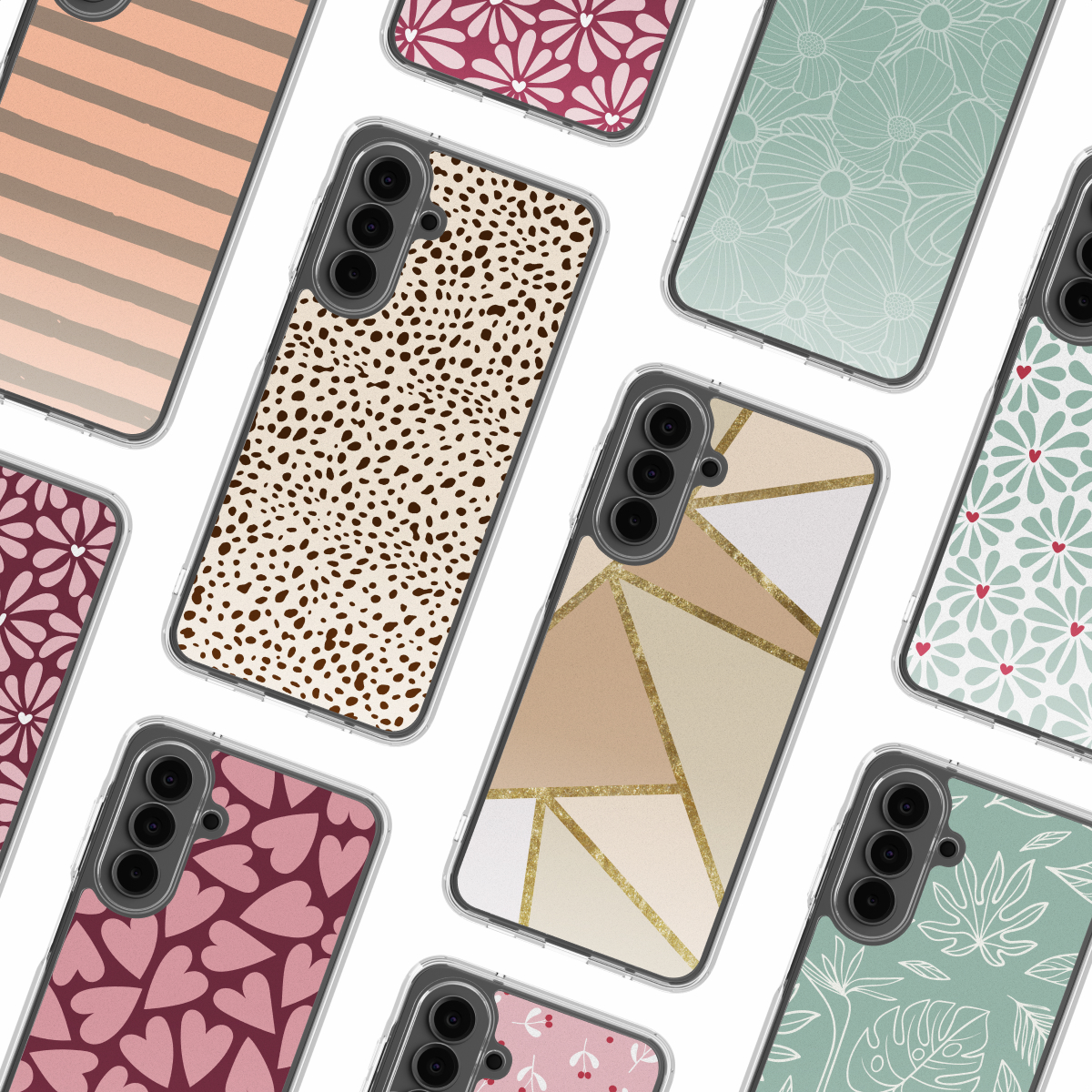 Diverses coques de téléphone. Les motifs comprennent des rayures, des imprimés animaliers, des motifs floraux, des cœurs, des formes géométriques et des feuilles.