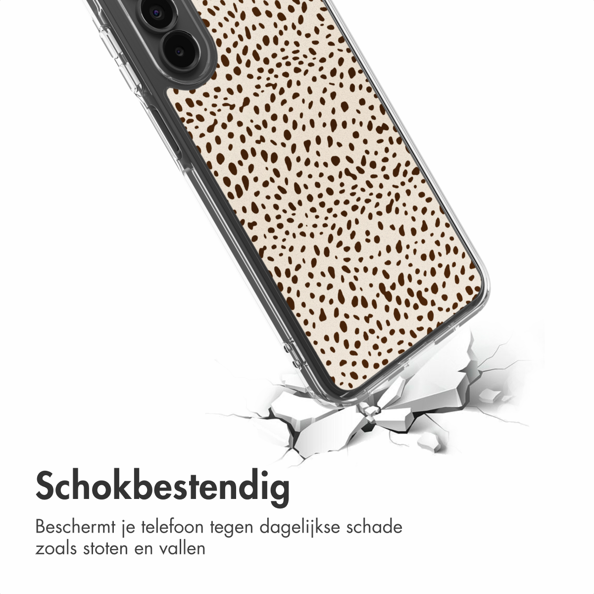 Une coque de téléphone avec un motif de points marron, semblant protéger le téléphone. Le fond est blanc, avec des fissures indiquant la résistance aux chocs.