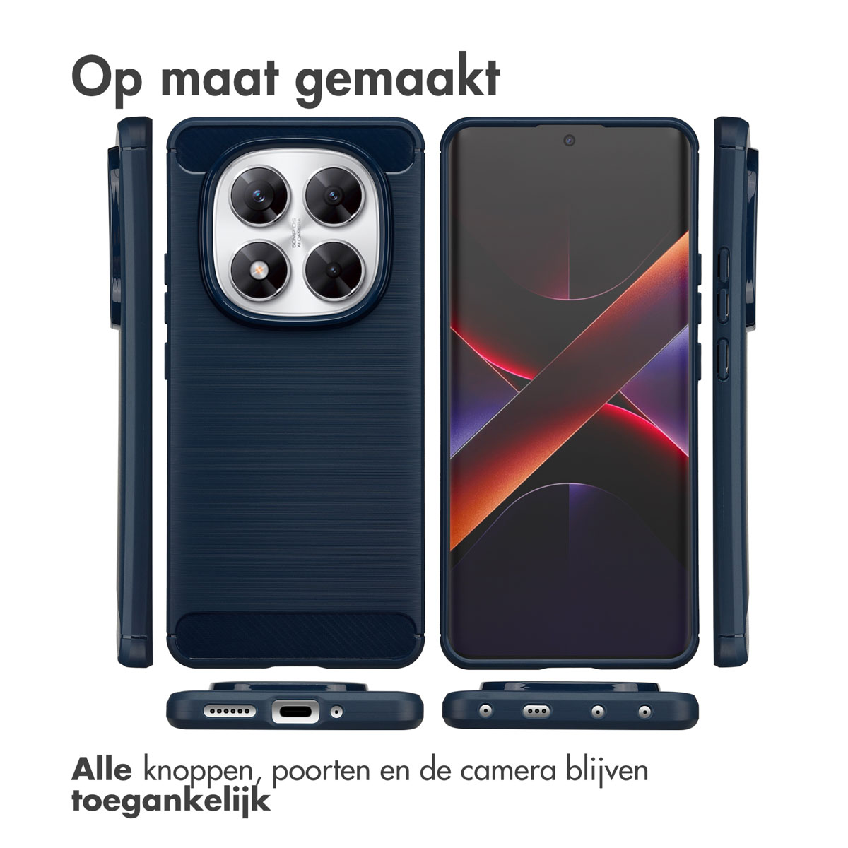 Een telefoonhoesje en telefoon worden getoond. De hoes is donkerblauw, toont camera en poorten. Tekst: 'Op maat gemaakt'.