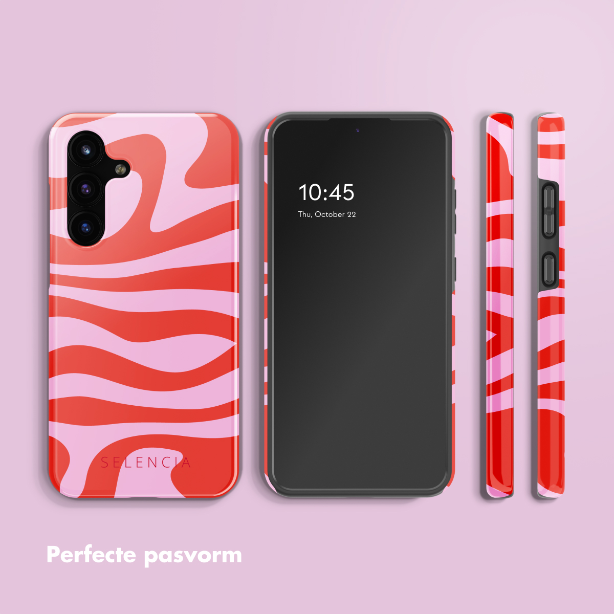 Telefon mit rot-rosa Wellendesign-Hülle. Der Telefonbildschirm zeigt die Uhrzeit an. Hüllen aus verschiedenen Winkeln dargestellt.