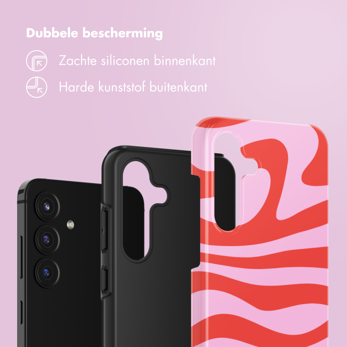 Drei Handyhüllen: schwarz und zwei mit Designs. Text oben: 'Doppelter Schutz'. Hintergrund: rosa.