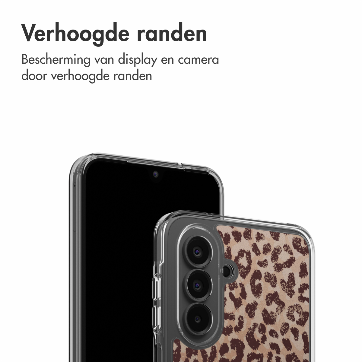 Twee smartphones in beschermhoezen. De hoes rechts heeft een luipaardprint. Boven staat 'Verhoogde randen'.