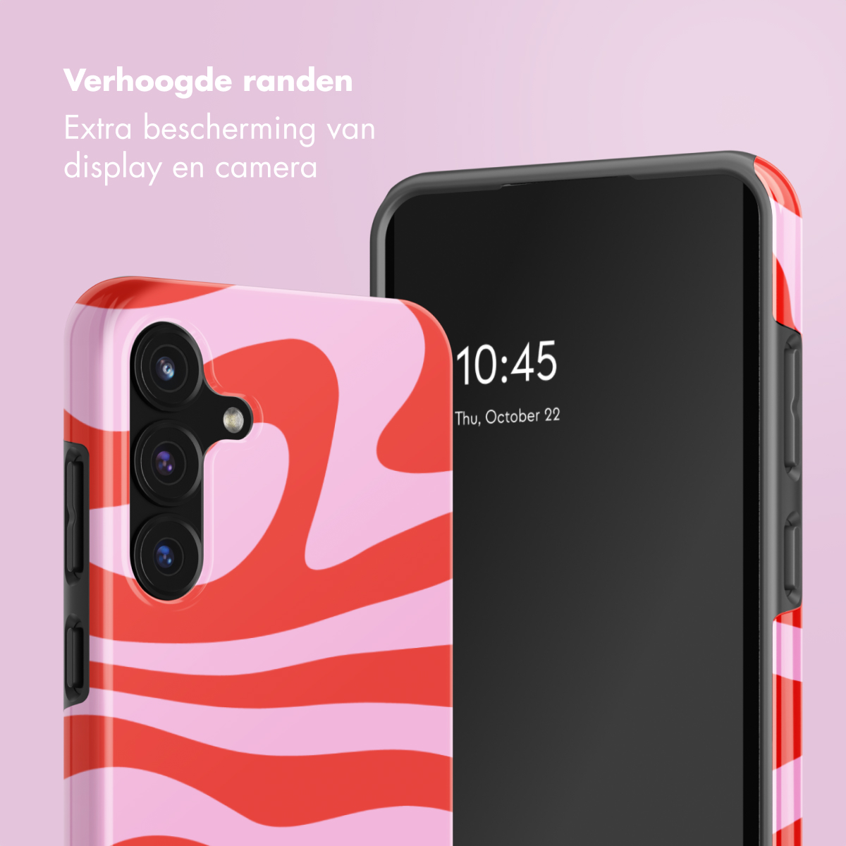 Zwei Smartphones. Eines in einer rosa-roten Wirbelhülle. Das andere mit schwarzem Bildschirm, der Uhrzeit und Datum zeigt. Text oben.