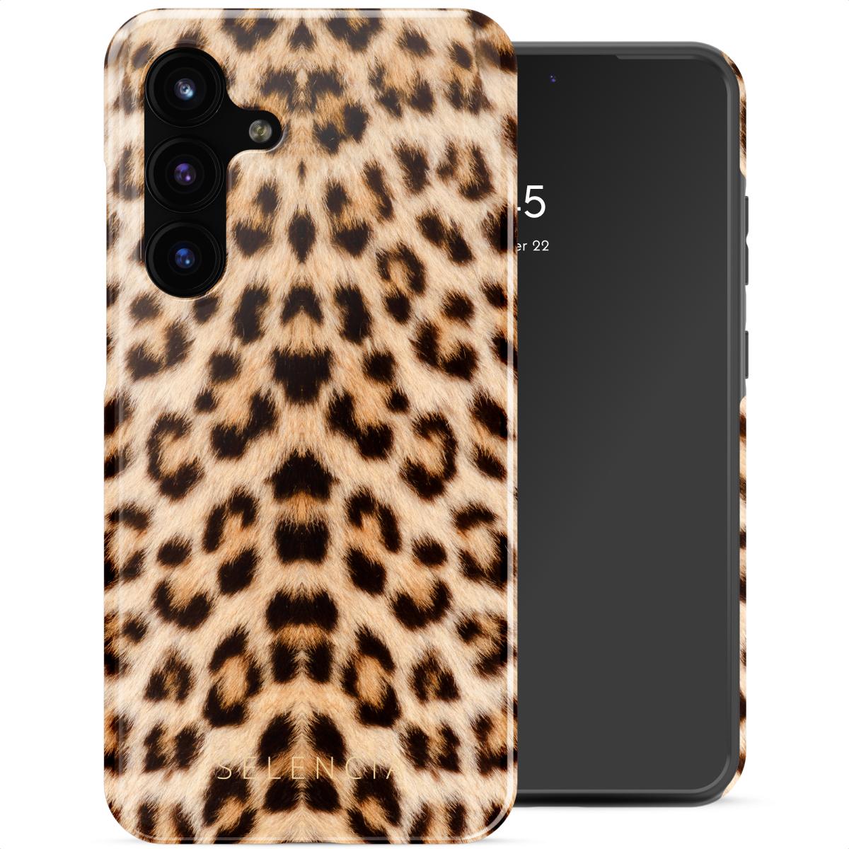 Uno smartphone con una custodia con stampa leopardata. Il telefono è nero e la custodia ha un motivo marrone e nero.