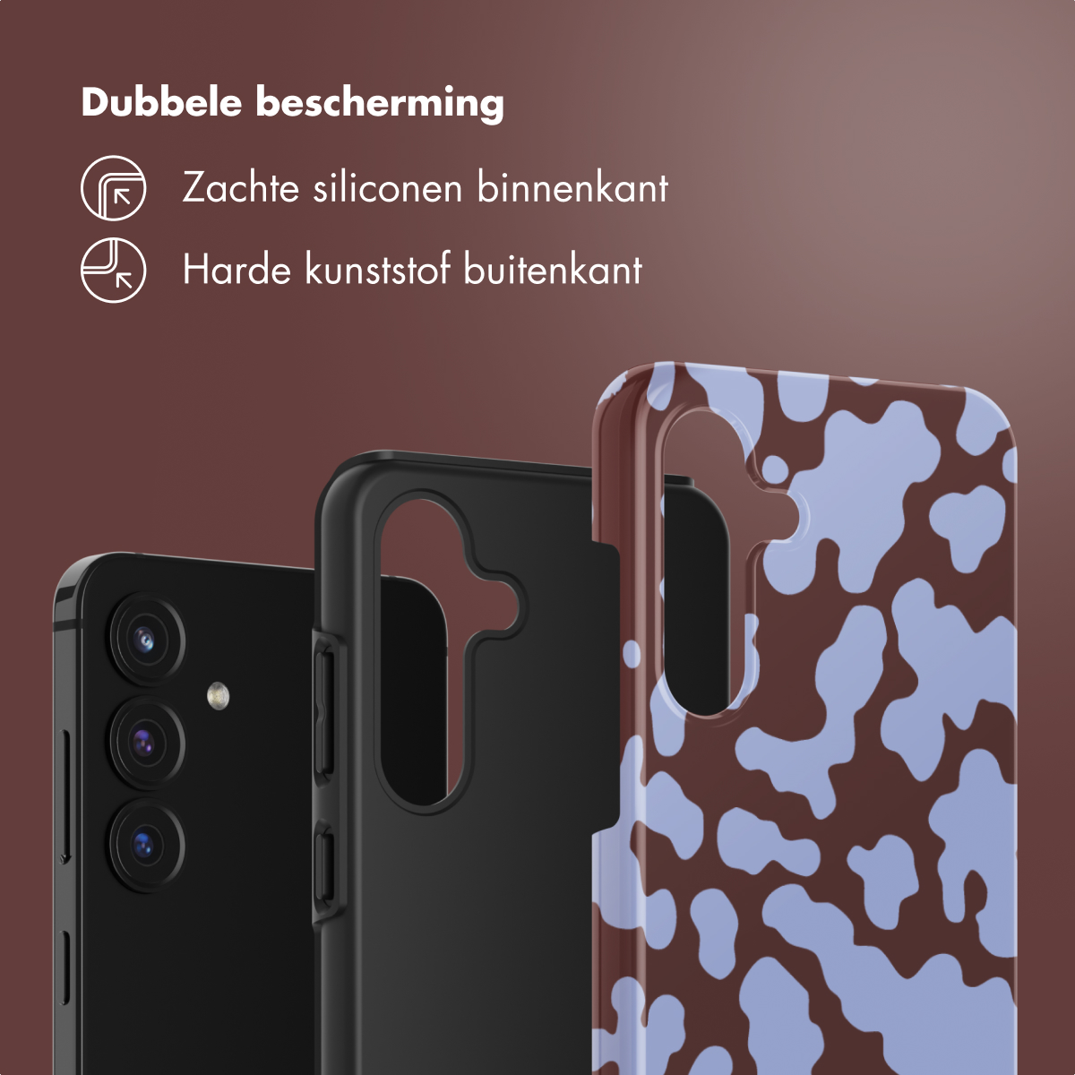 Un telefono con tre custodie: nera, nera con retro aperto e una custodia marrone e blu fantasia. Testo: Doppia protezione.