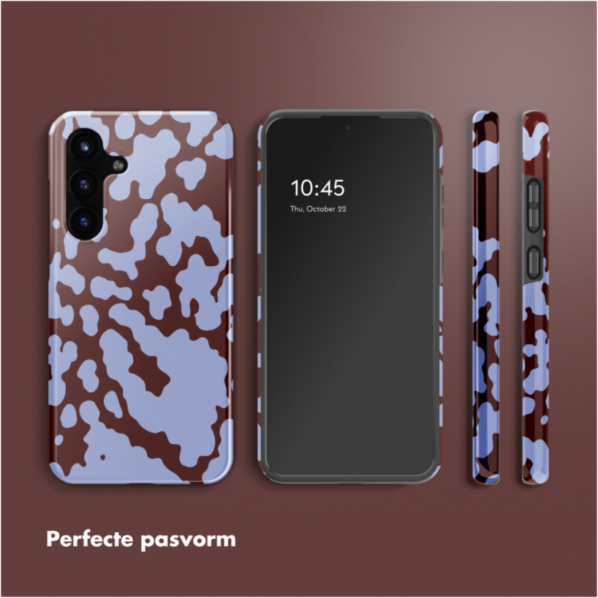 Un telefono con una custodia a fantasia con forme irregolari marroni e blu viene visualizzato con altre viste del telefono.