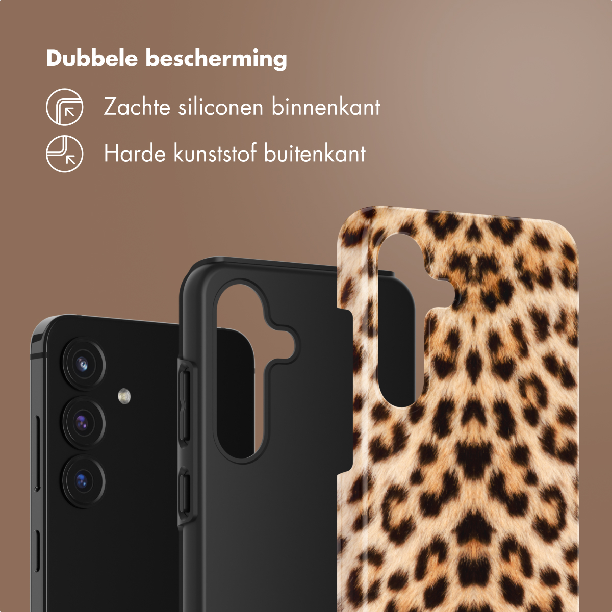 Una custodia per telefono con stampa leopardata e custodia interna nera. Il testo olandese descrive la doppia protezione.