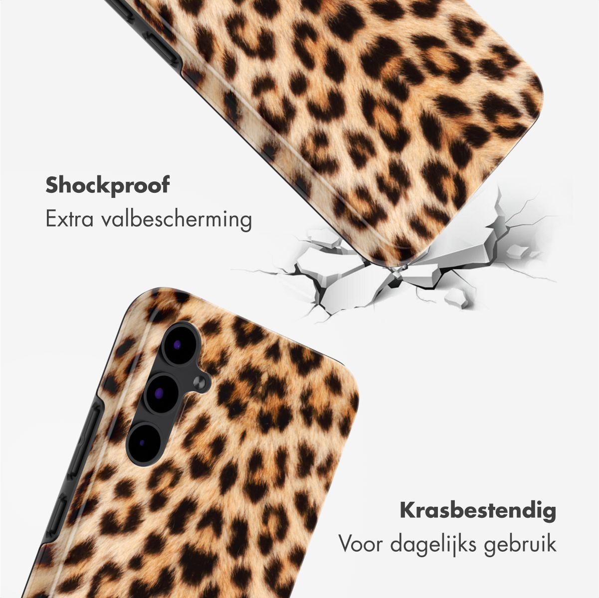 Due custodie per telefoni con stampa leopardata, una che rompe una superficie. Testo: Antiscossa, protezione extra. Testo: Resistente ai graffi, per uso quotidiano.