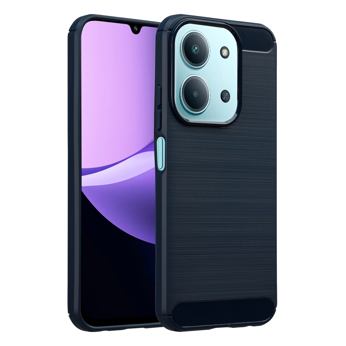 Twee donkerblauwe telefoonhoesjes. Eén toont het scherm met een paars ontwerp. De andere heeft cameralenzen en een gestructureerde achterkant.