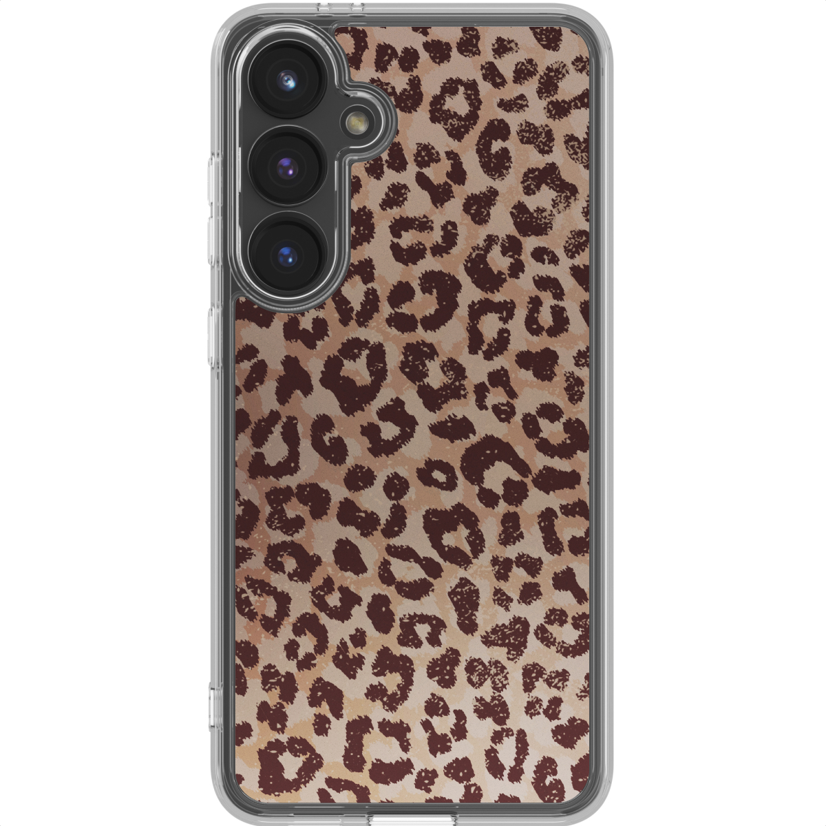 Un téléphone avec une coque à imprimé léopard. L'étui a une bordure transparente. Le téléphone a trois caméras.