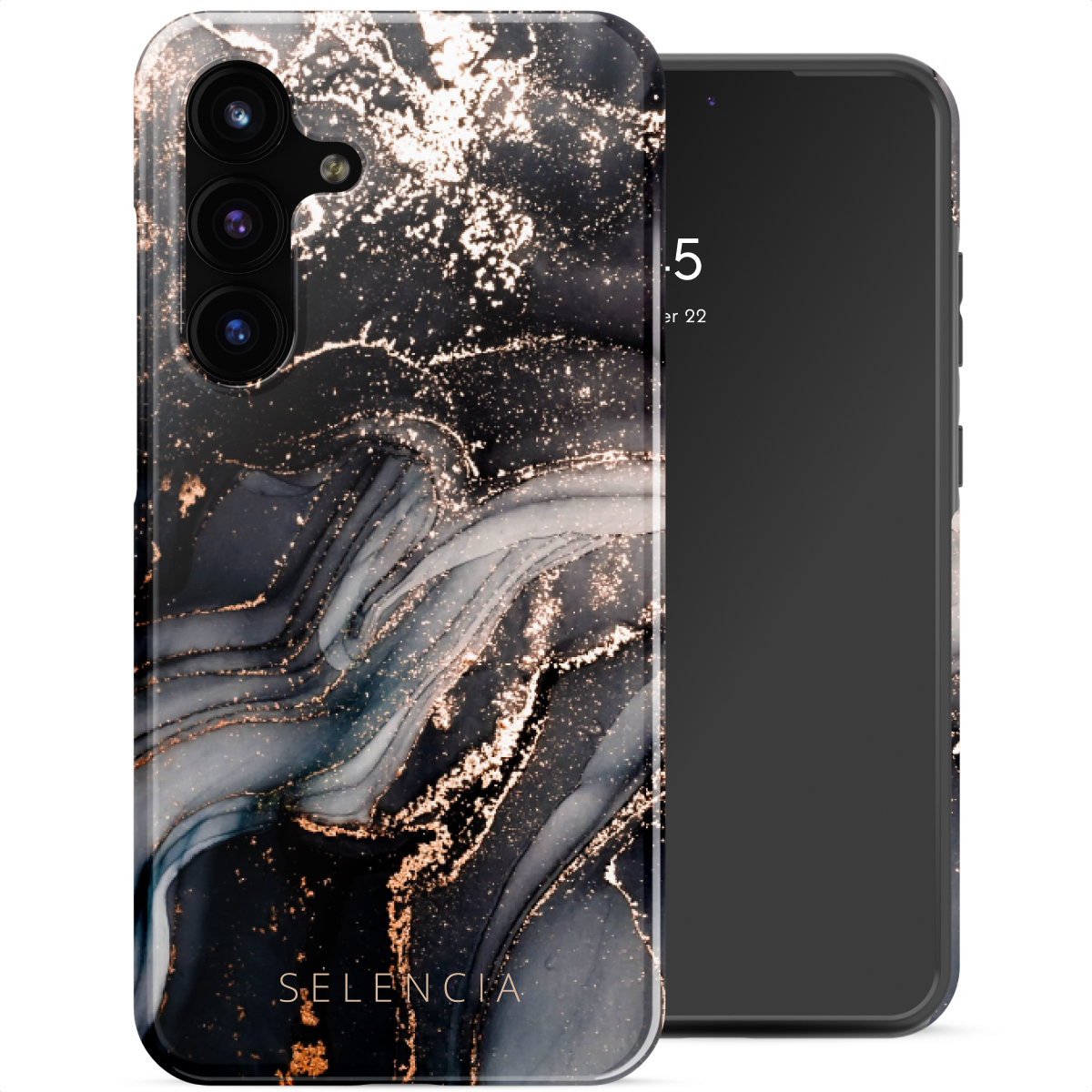 Custodia per telefono nera con dettagli oro e design marmorizzato, accanto a smartphone nero che mostra l'ora.