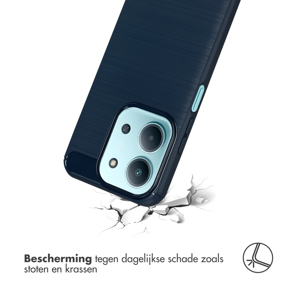 Een marineblauwe telefoonhoes valt, de bodem breekt. De tekst zegt: 'Bescherming tegen dagelijkse schade zoals stoten en krassen'.