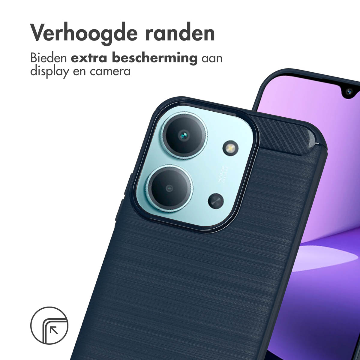 Telefoon met een donkerblauwe hoes en verhoogde randen. De telefoon heeft twee cameralenzen en een paars scherm.