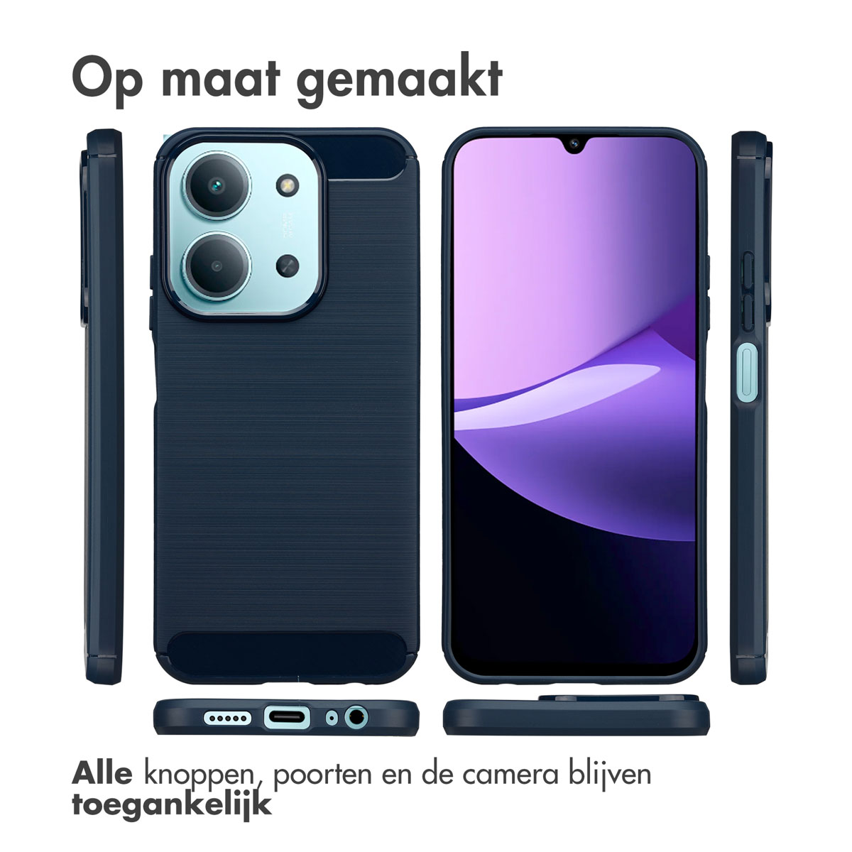 Een telefoonhoesjesset, met voor-, zij- en onderaanzicht. De hoes is donkerblauw. Het telefoonscherm toont een paarse achtergrond.