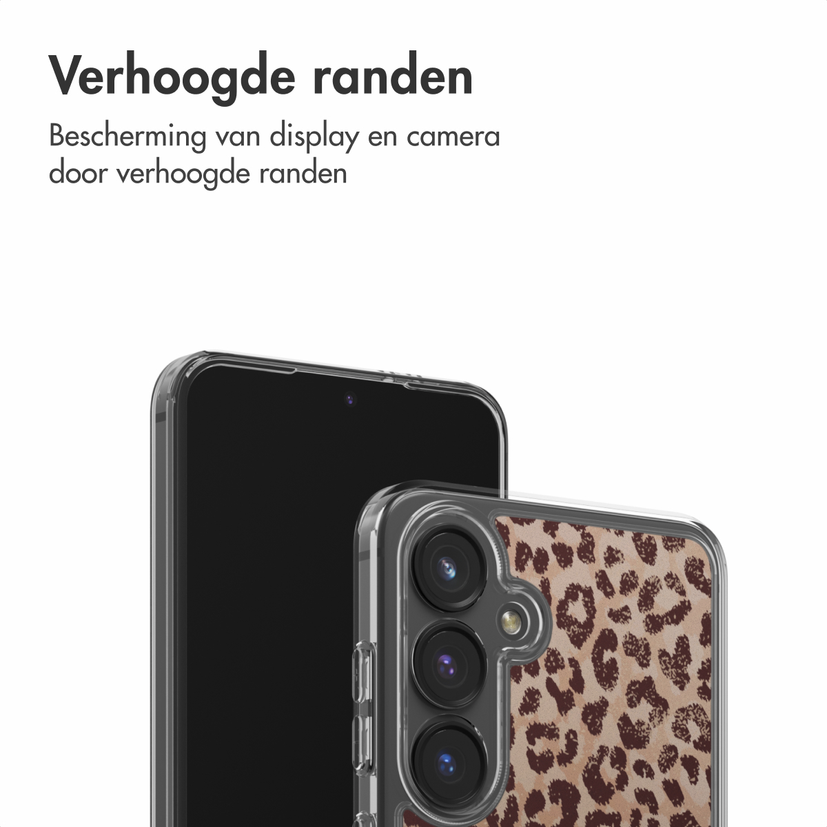 Deux smartphones avec étuis de protection. Un téléphone est noir avec un étui transparent, l'autre a un étui à imprimé léopard.
