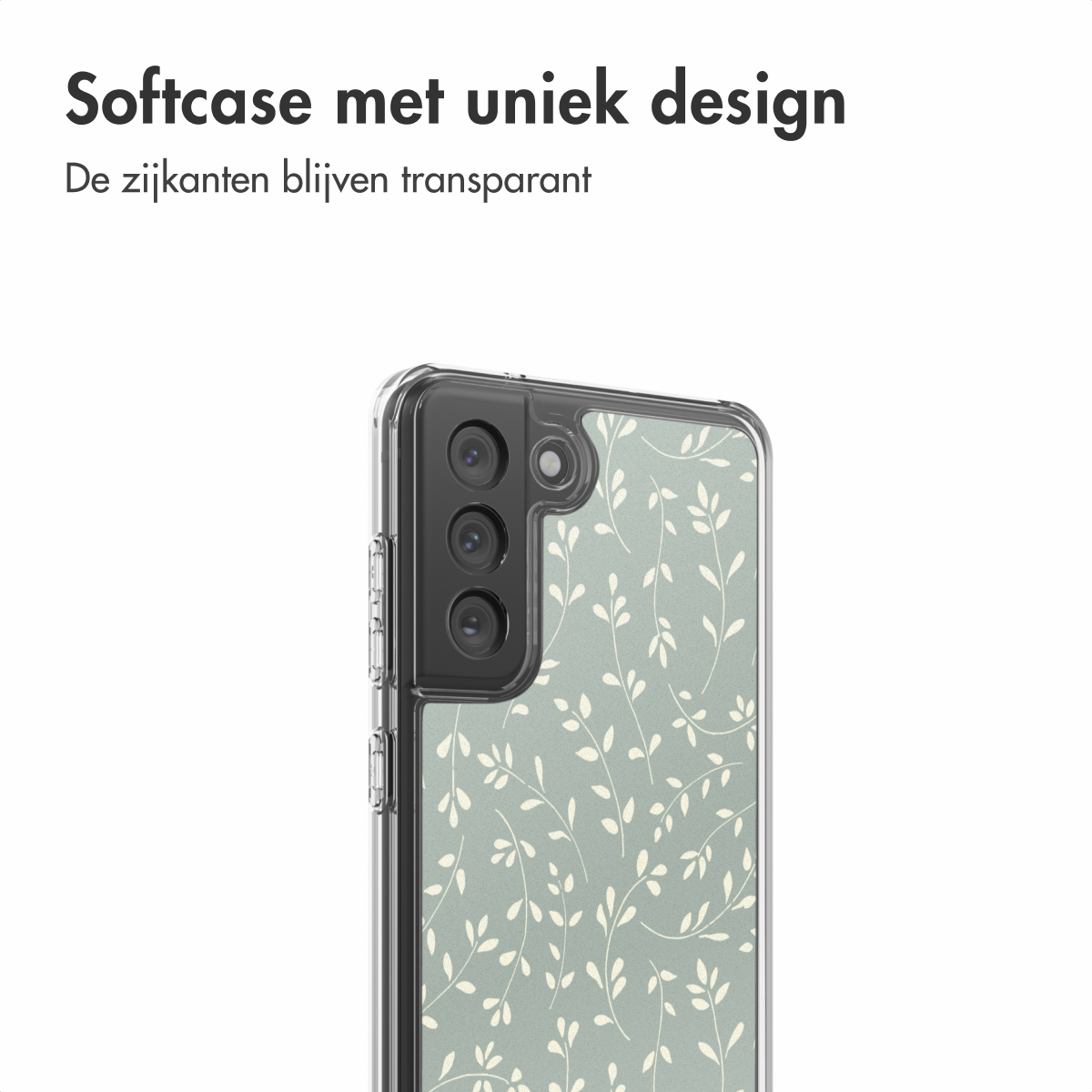 Eine Handyhülle mit einzigartigem Design. Die Hülle ist transparent und die Rückseite hat ein Blumenmuster in Weiß auf hellgrünem Hintergrund.