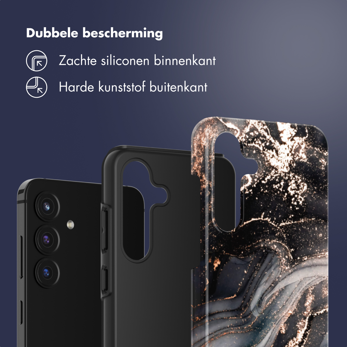 Tre custodie per telefono in nero e design marmorizzato, con testo sulla doppia protezione. Lo sfondo è blu scuro.