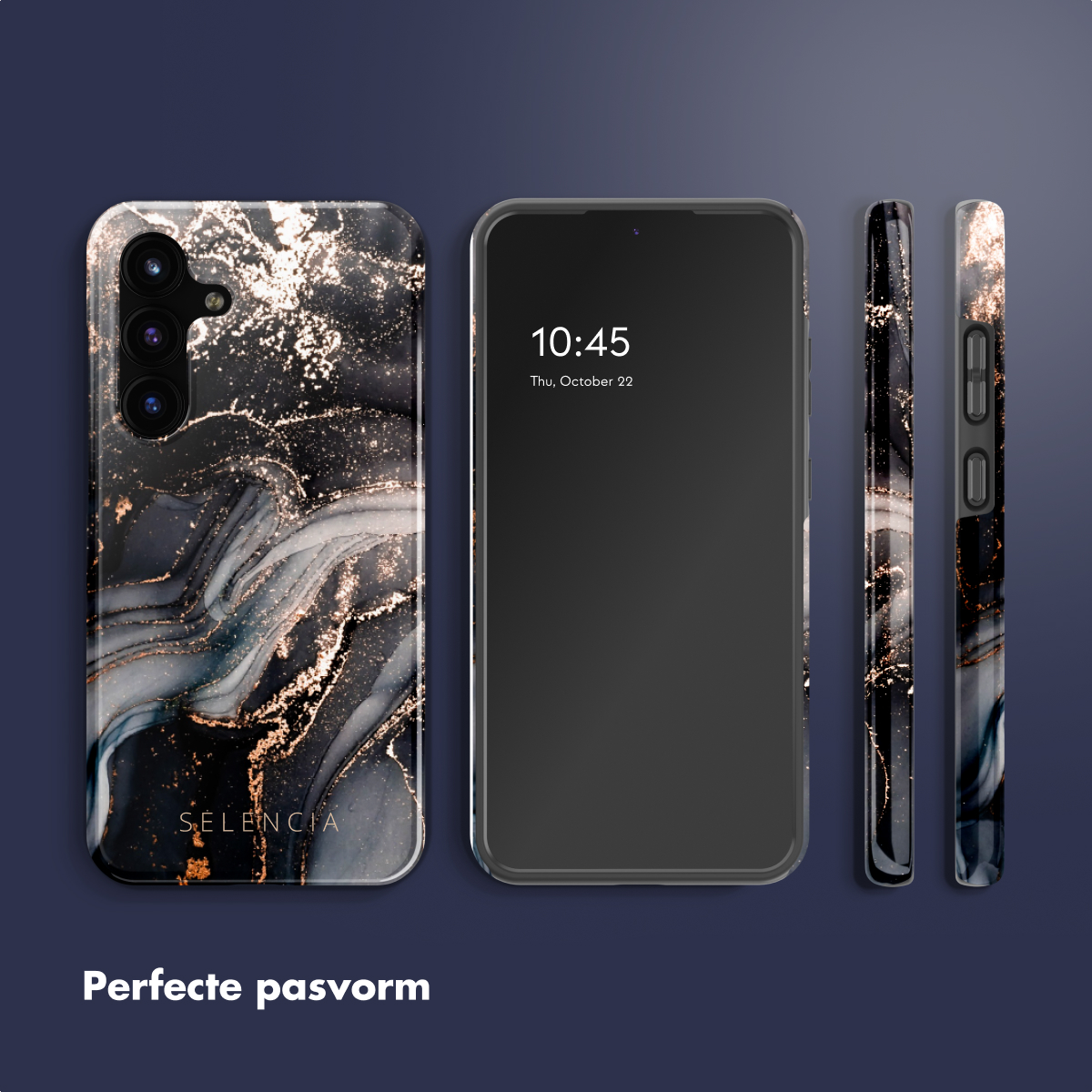 Un telefono con una custodia con motivo a marmo nero. Lo schermo mostra l'ora. Ci sono anche viste laterali della custodia.