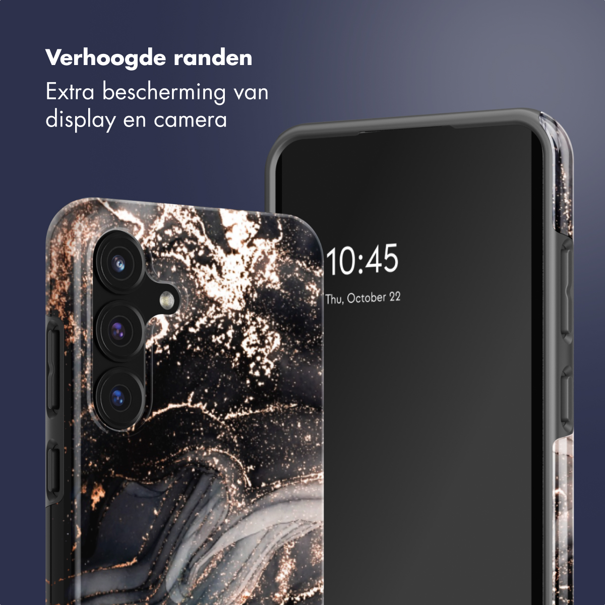 Due telefoni: uno con custodia in marmo nero, l'altro con schermo nero che mostra l'ora. Testo: protezione display extra.