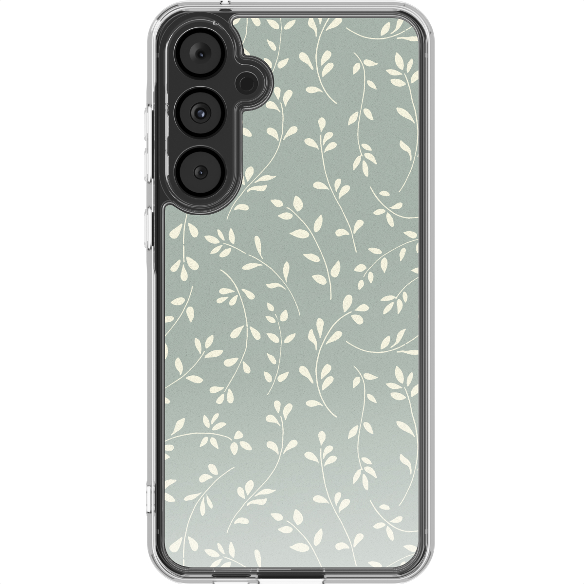 Een telefoonhoesje met een bladerenpatroon. De achtergrond is lichtgroen met witte bladeren. De telefoon heeft zwarte camera's.