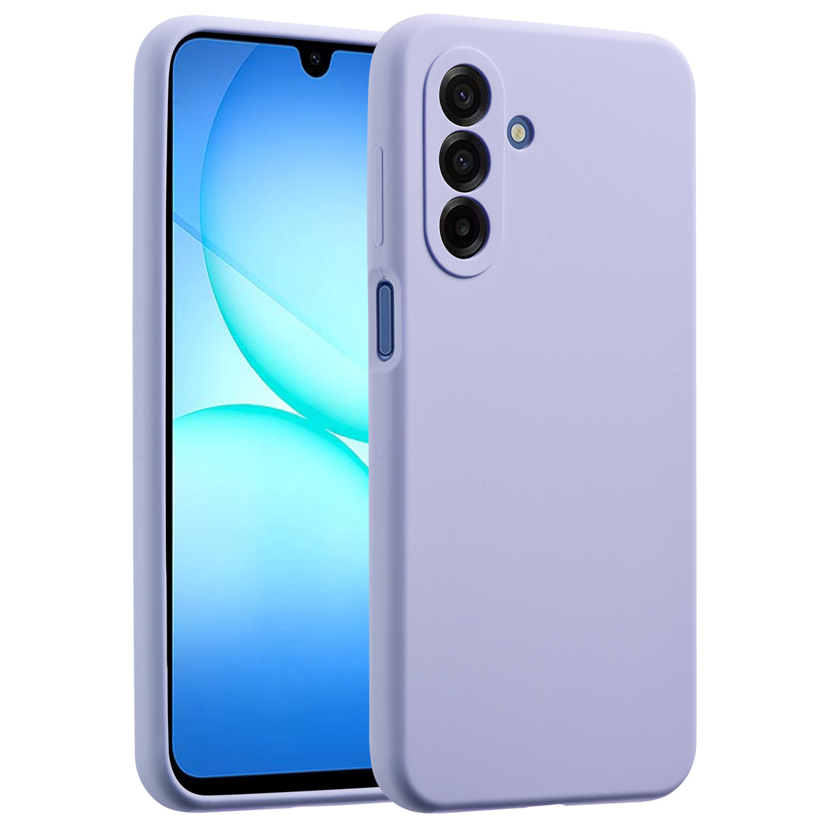 Een lichtpaarse telefoonhoes en een smartphone. Het scherm toont een blauw-witte gradiënt. De hoes heeft drie cameralenzen.