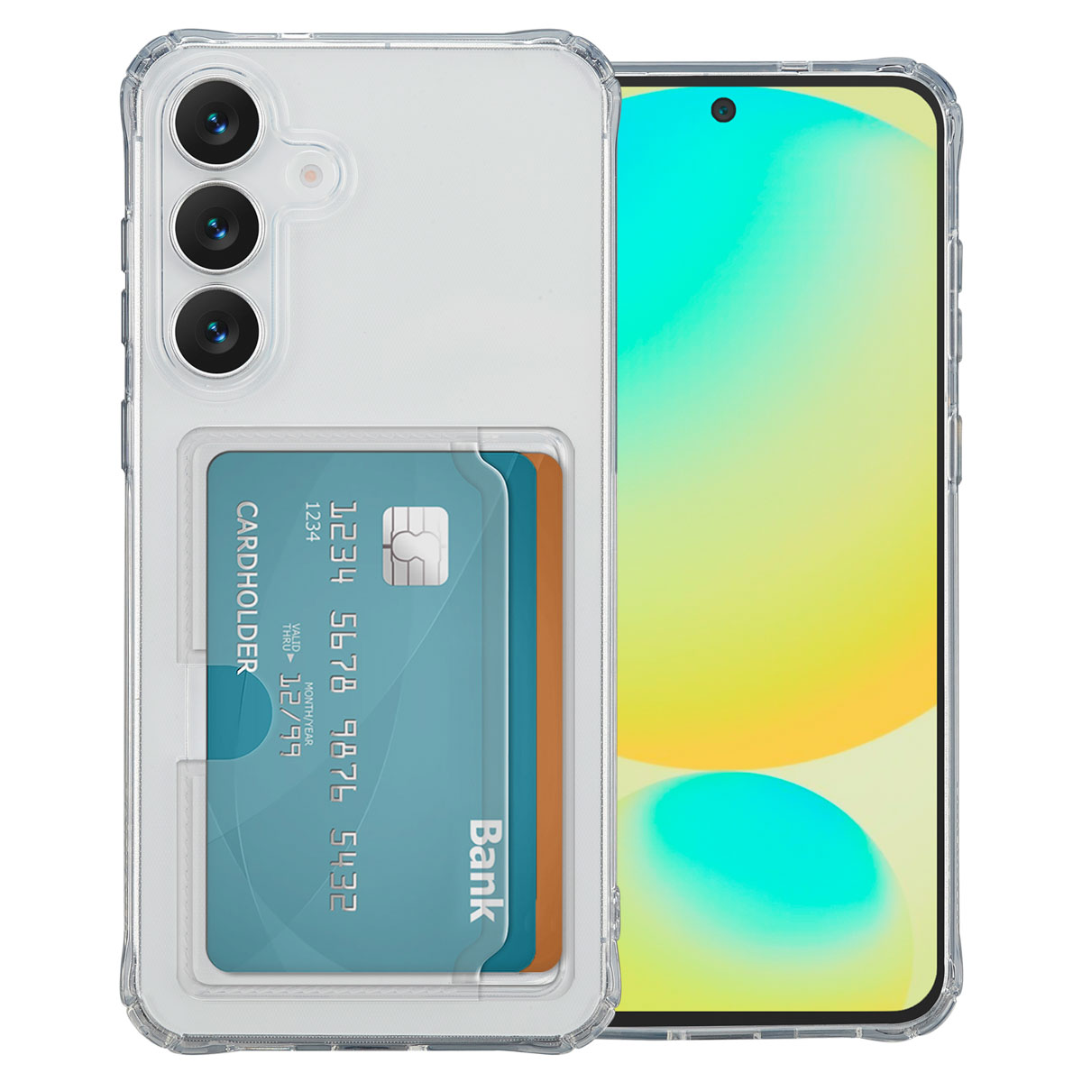 Une coque transparente pour téléphone avec carte de crédit et smartphone. La carte a des chiffres et 'Bank' est visible.