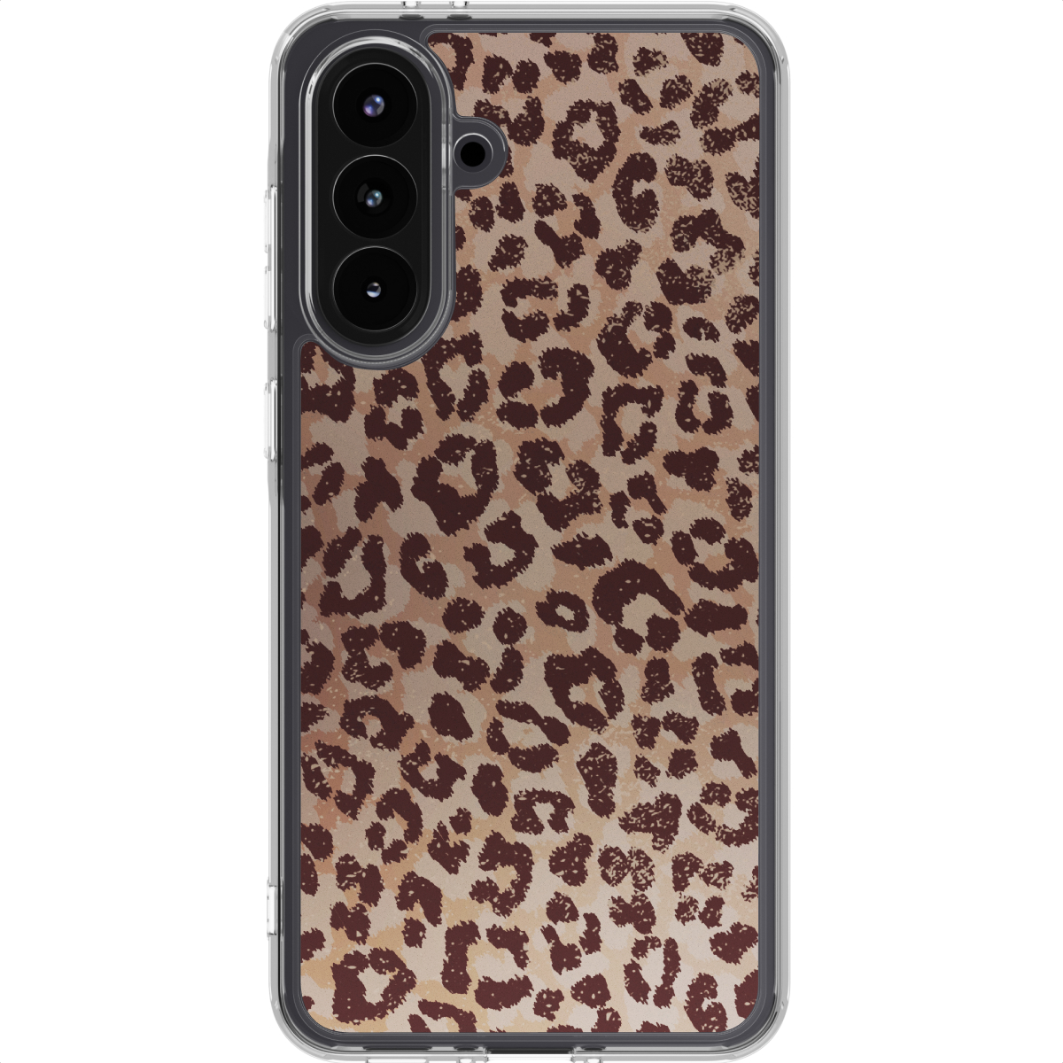 Een smartphone in een doorzichtige hoes. De hoes heeft een luipaardprint in bruine en beige kleuren. De telefoon heeft een drievoudige camera.