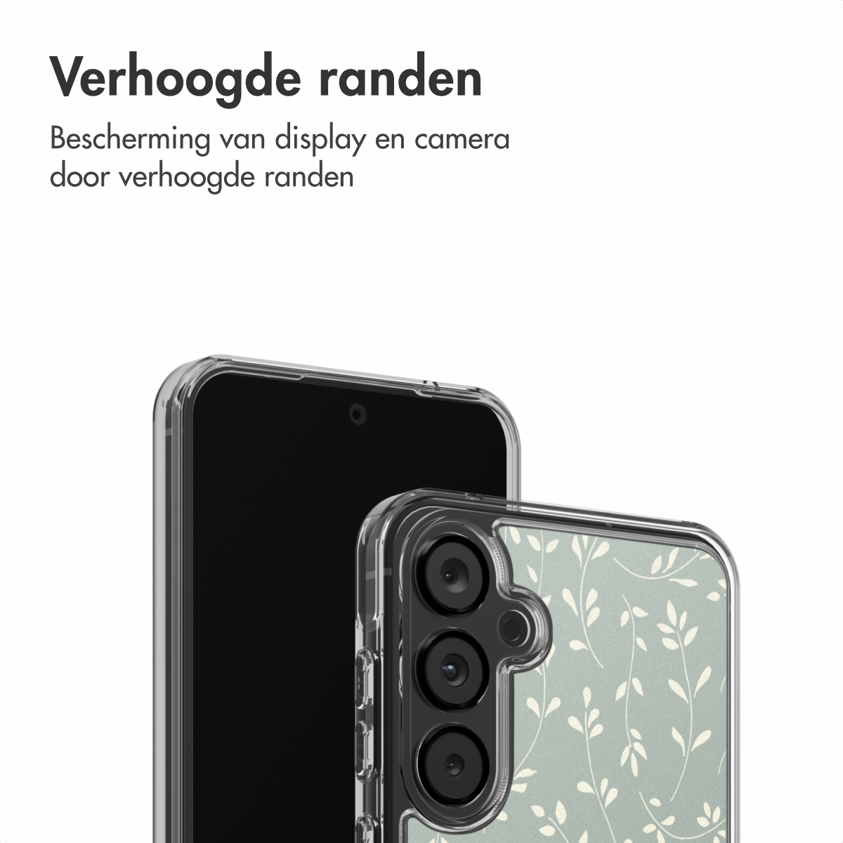 Een smartphone met een transparante beschermhoes. De hoes heeft een bloemenpatroon. Het scherm van de telefoon is zwart.