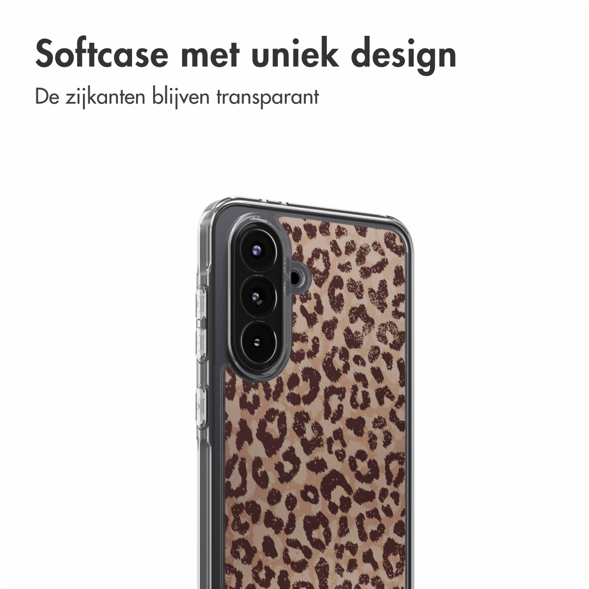 Telefoonhoesje met luipaardprint. De hoes is transparant langs de randen. De telefoon heeft drie camera's.