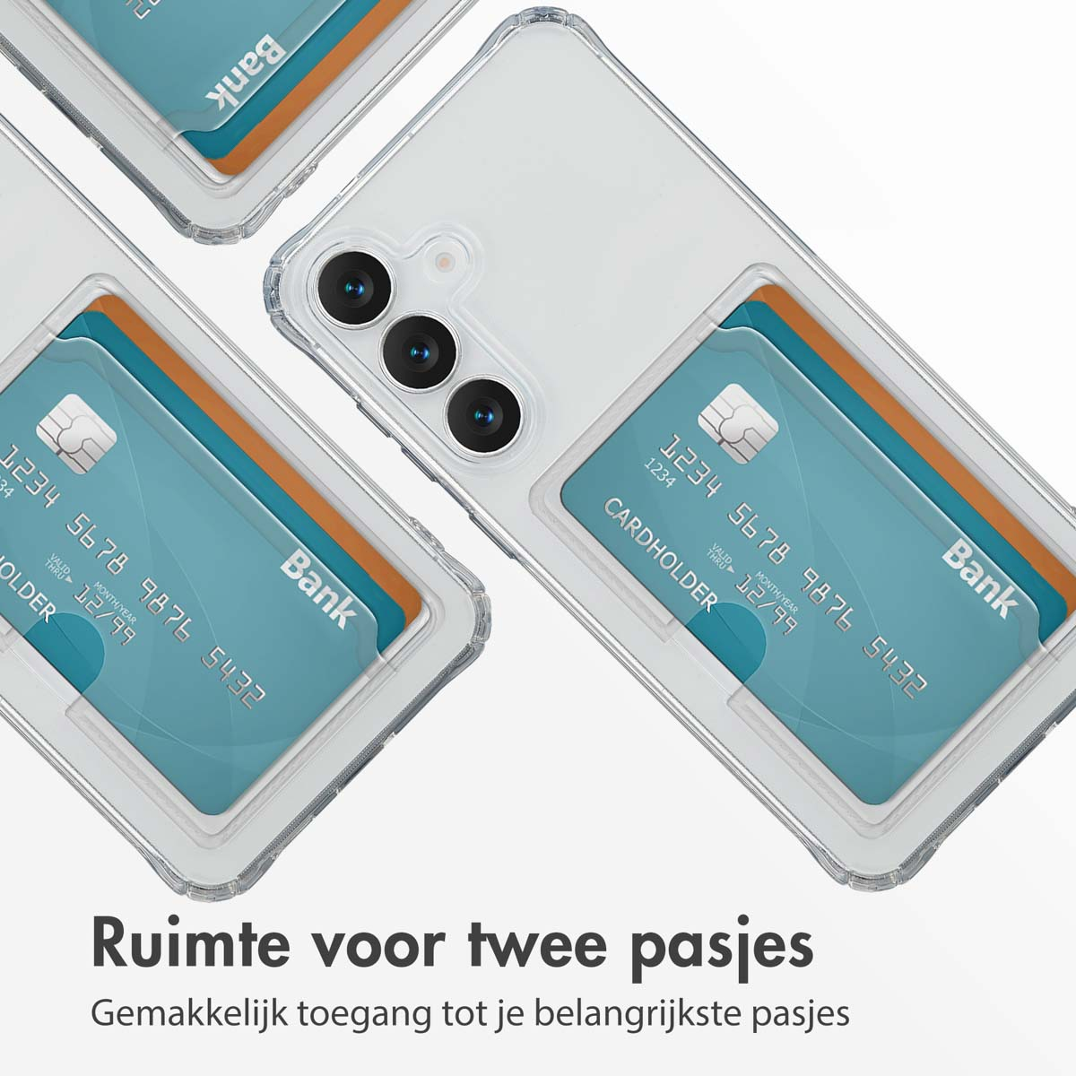 Un étui de téléphone avec deux cartes de crédit visibles. Les cartes sont bleues et oranges. Le téléphone a une caméra et un étui transparent.